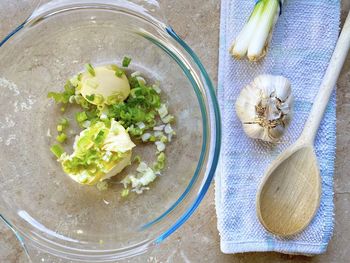 High angle view of vegetables in bowl on table