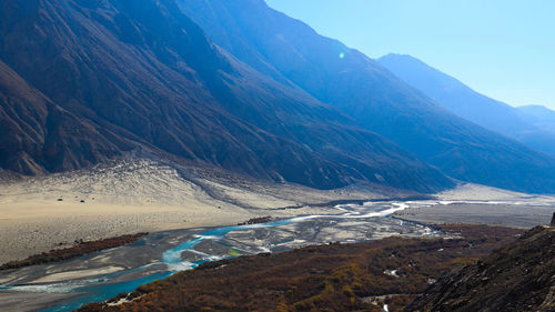 Scenic view of snowcapped mountains against sky