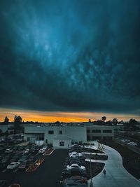 High angle view of townscape against sky during sunset