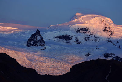 Scenic view of snowcapped mountains against sky during sunset