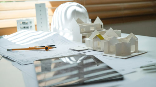 High angle view of model house on table