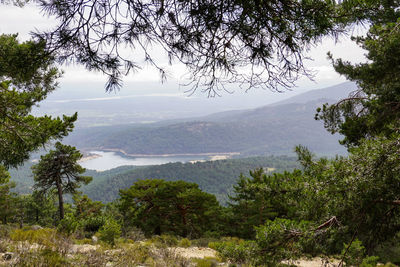 High angle view of trees and mountains against sky