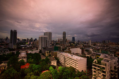 High angle view of buildings against sky during sunset