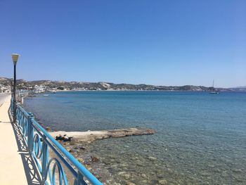 Scenic view of sea against clear blue sky