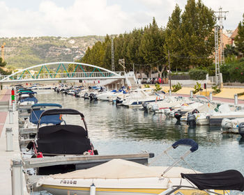 View of boats moored in river