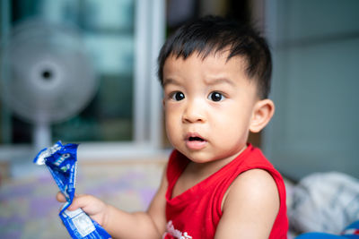 Portrait of cute baby boy holding biscuit