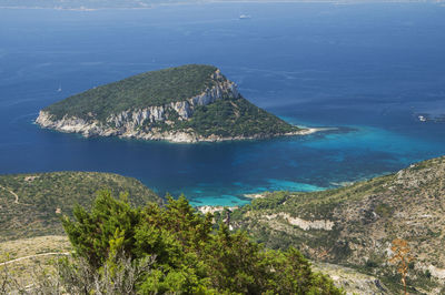 High angle view of bay against clear sky