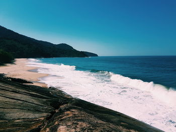 Scenic view of sea against clear blue sky