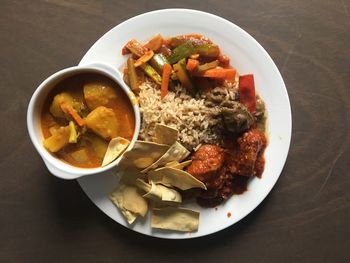 High angle view of soup in bowl on table