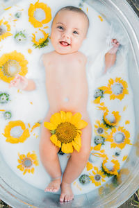 High angle portrait of cute baby boy with flowers in bathtub