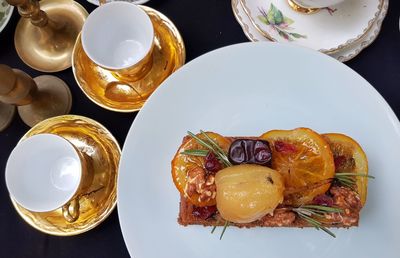 High angle view of breakfast on table