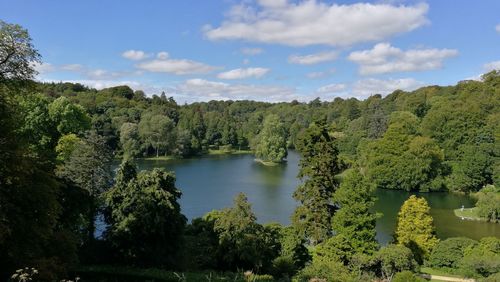 Scenic view of calm river surrounded by trees against sky