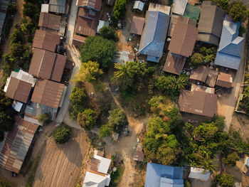 High angle view of street amidst trees and buildings
