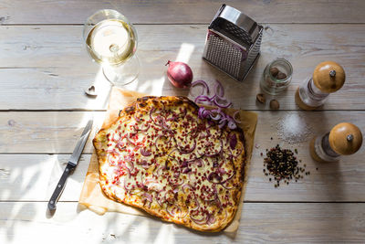 High angle view of pizza on table