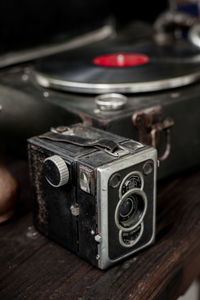 Close-up of vintage camera on table