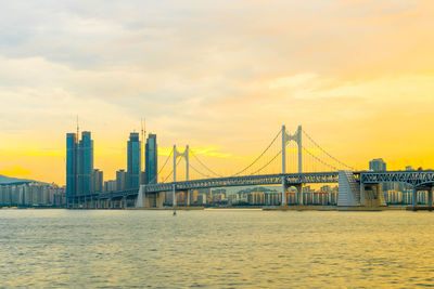 View of suspension bridge against cloudy sky