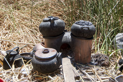 High angle view of old rusty metal on field