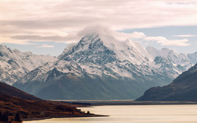 Scenic view of snowcapped mountain against cloudy sky