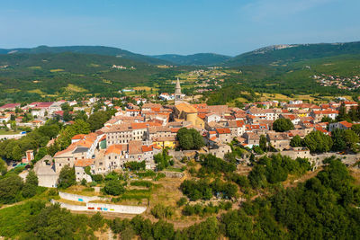 High angle view of townscape against sky