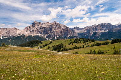 Scenic view of landscape and mountains against sky