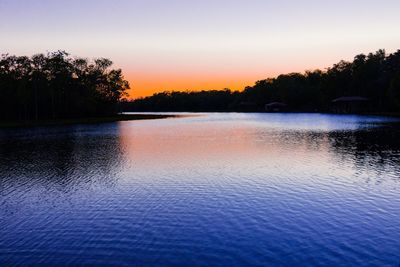 Scenic view of lake against clear sky during sunset
