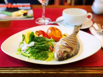 Close-up of meal served on table