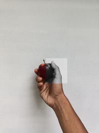 Cropped hand of person holding bottle against white background