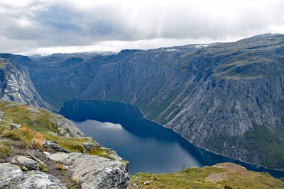 Scenic view of lake and mountains against sky