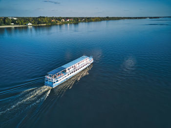 High angle view of ship sailing on sea