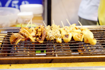 Close-up of food on barbecue grill