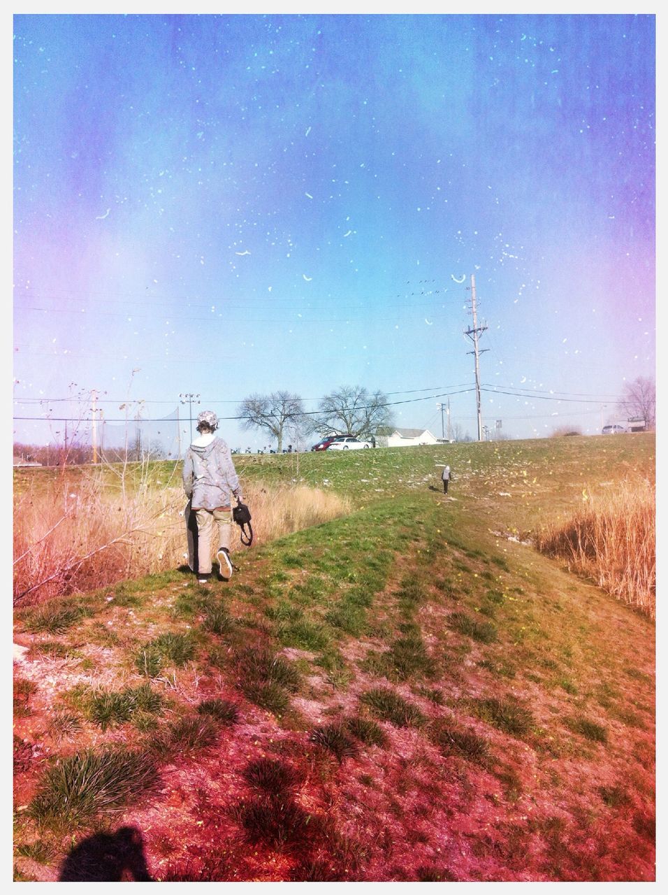 transfer print, auto post production filter, field, grass, leisure activity, lifestyles, landscape, full length, men, sky, rear view, grassy, standing, nature, casual clothing, tranquility, person