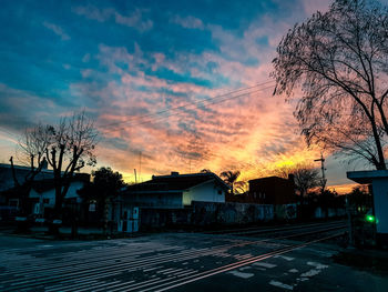 Silhouette of trees and buildings against sky