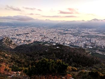 High angle view of townscape against sky during sunset