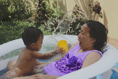 Mother and son playing