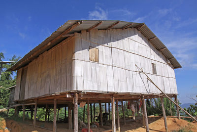 Low angle view of old building on field against sky