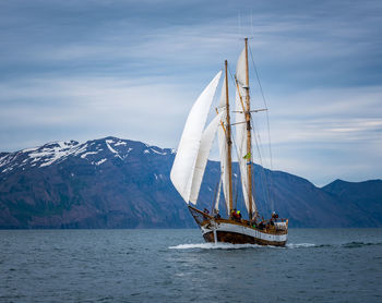 Sailboat sailing in sea against sky