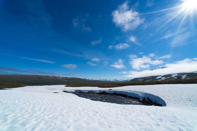 Scenic view of snow covered field against sky