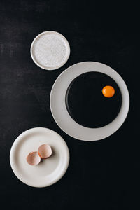 High angle view of eggs in bowl on table