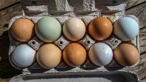 High angle view of eggs in carton