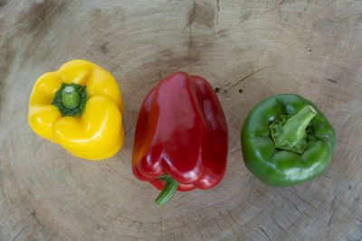 High angle view of bell peppers on table