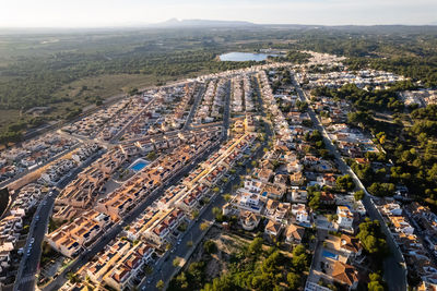 High angle view of townscape against sky in city