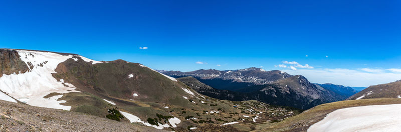 Panoramic view of mountains against clear blue sky