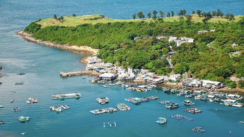 High angle view of boats moored in sea