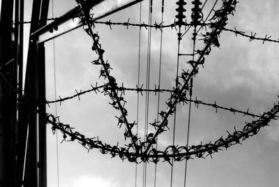 Directly below shot of barb wire and cables against sky