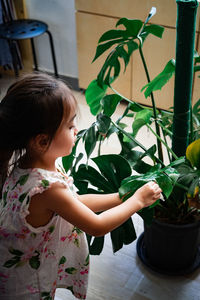 Woman looking at potted plant