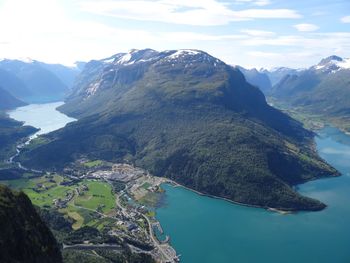 Scenic view of sea and mountains against sky