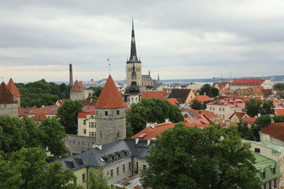 High angle view of buildings in city against sky