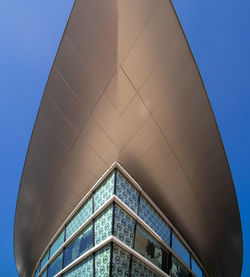 Low angle view of modern building against clear blue sky