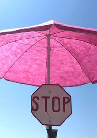 Low angle view of road sign against sky