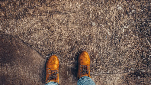 Low section of person standing on sand